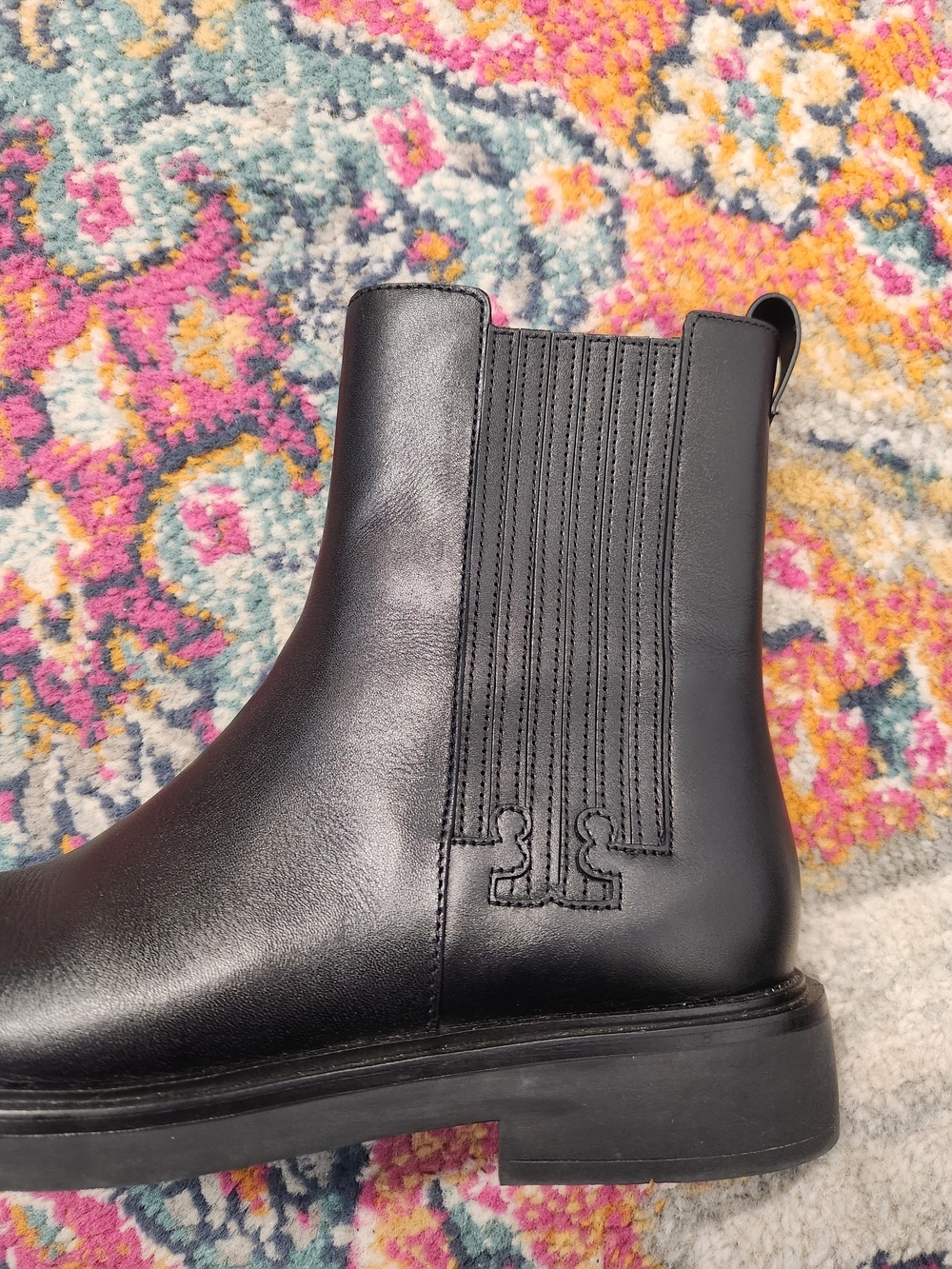 Tory Burch Black Leather Chelsea Boot with Stitch Detail